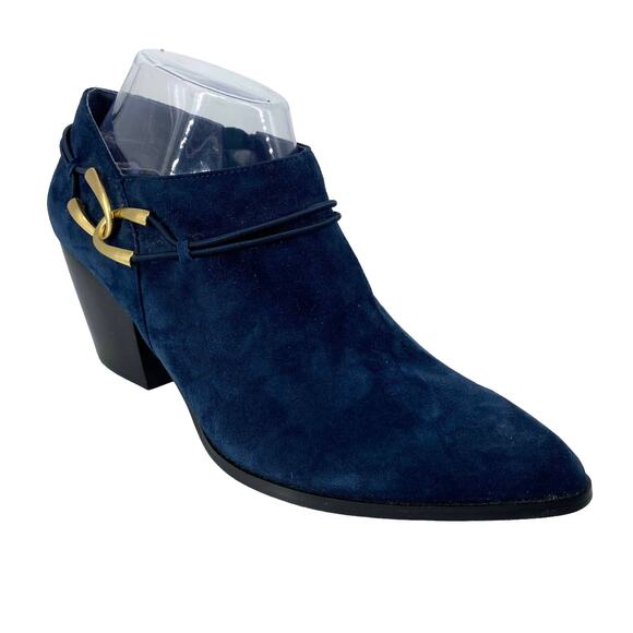 Blue Suede Bootie 8.5 M BELLA VITA Gold Accent Heel Ankle Boot Shootie Western - Picture 2 of 16
